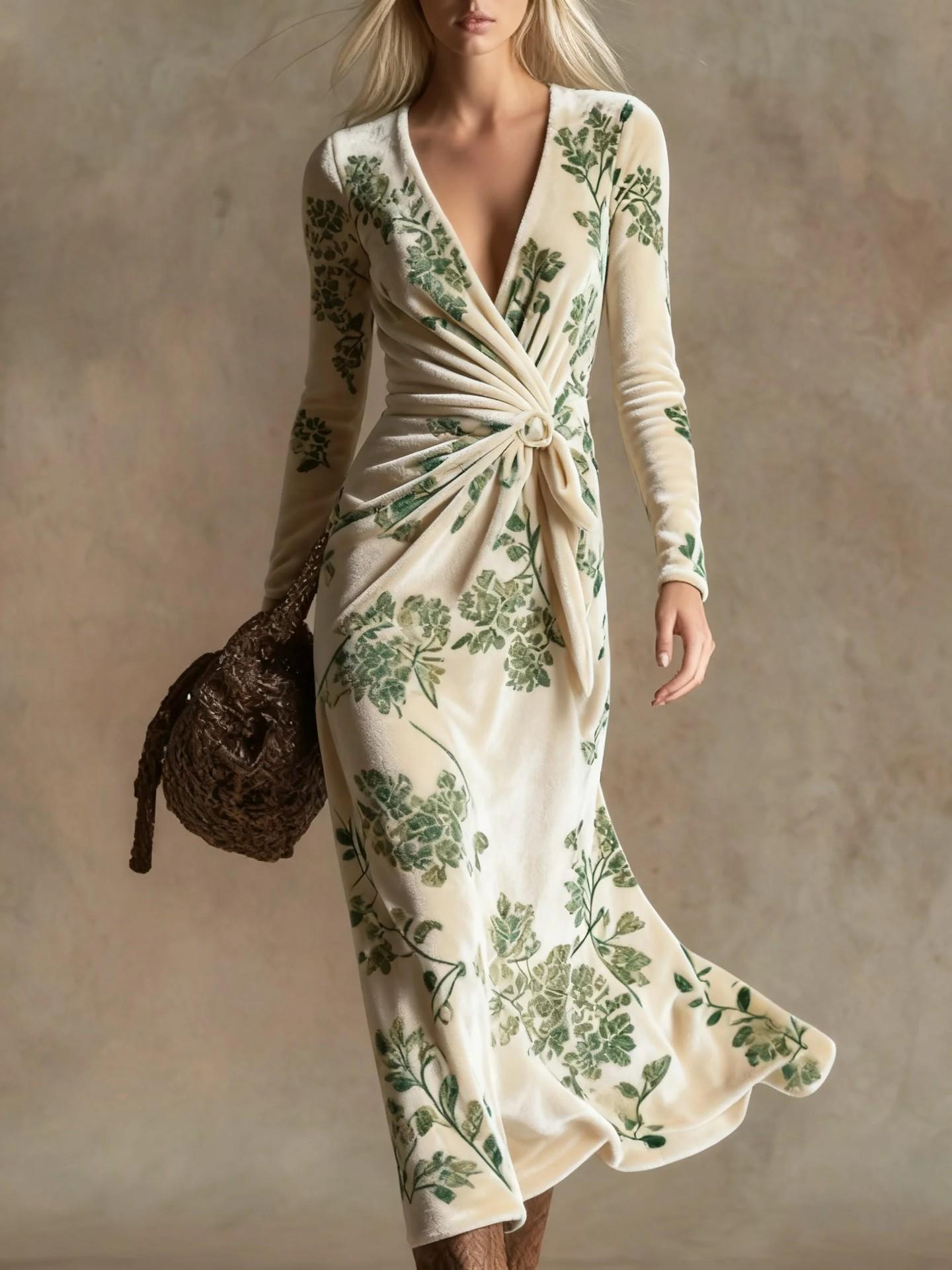 2026 European Floral Print V-neck Long Sleeve Autumn/Winter Women s Dress XXXL абрикосовый