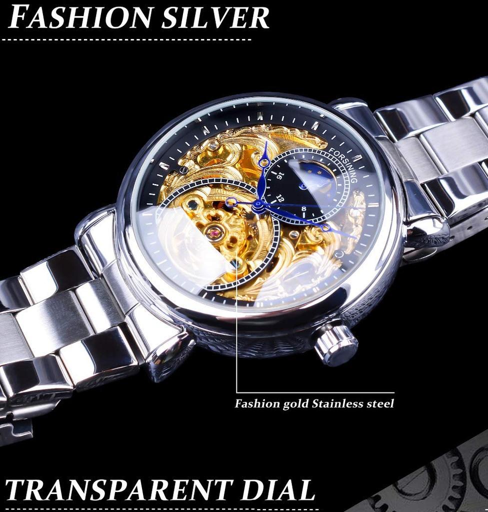 FORTINING Herren Automatische Analoguhr, Mode Skelett Tourbillon, Wasserdicht Mondphase Leder Mechanische Uhr (Silber & Schwarz & Stahlstreifen)