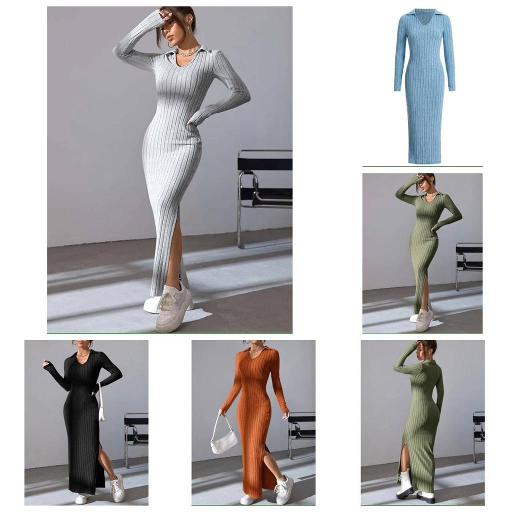 Jaro Podzim Pletený Pulovr V-výstřih Klubové Oblečení Silueta Klopa Dlouhý Rukáv Šaty Žebrované Jednobarevné Přiléhavé