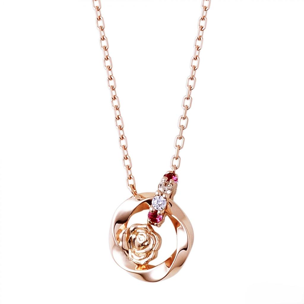 THE KISS Disney Princess Belle Silver Necklace 40cm DI-SN542CZ - Women's Double Ring with Rose Motif, Gift Box & Message Card
