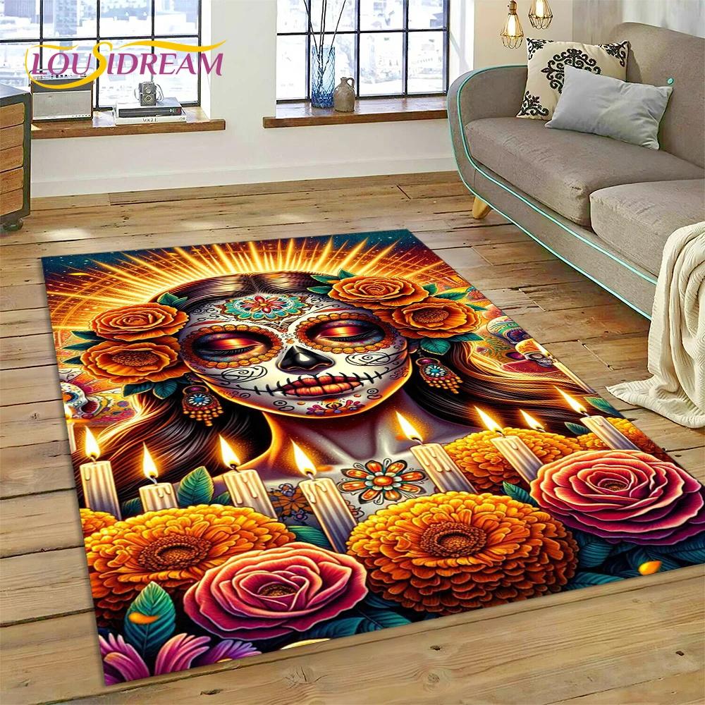 Skull Dead Girl 3D Gothic Horror Female Rose Rug Carpet for Living Room Bedroom Decor,Non-slip Decoration for Sofa Doormat Gift