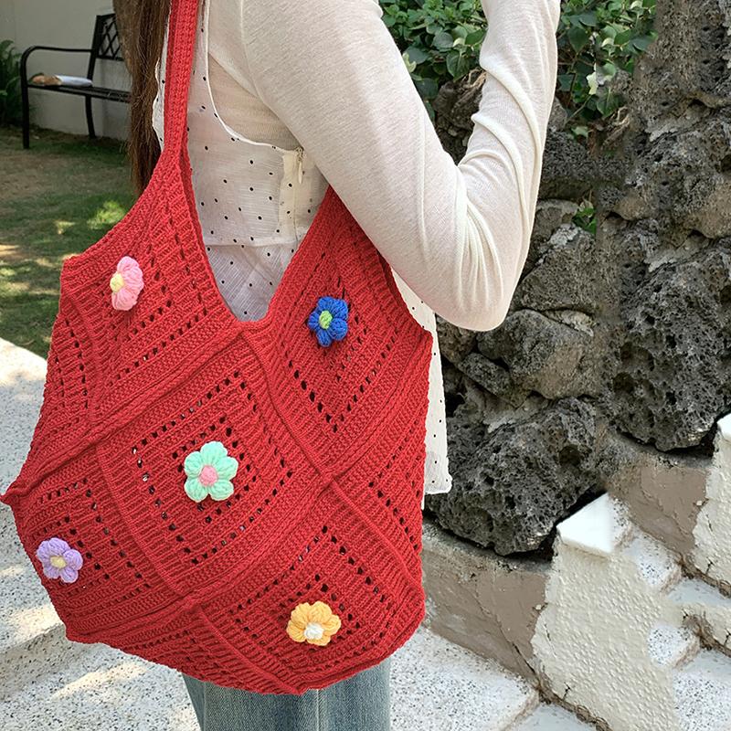 Yogodlns Summer New Hollow out Knitted Flower Tote Bag Single Shoulder Commute High-End Feeling Large Capacity Business Commuting