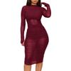 Women’s Sexy Three Piece Outfit Long Sleeve  Sexy Sheer Ruched  Mesh Dress with Vest and Shorts