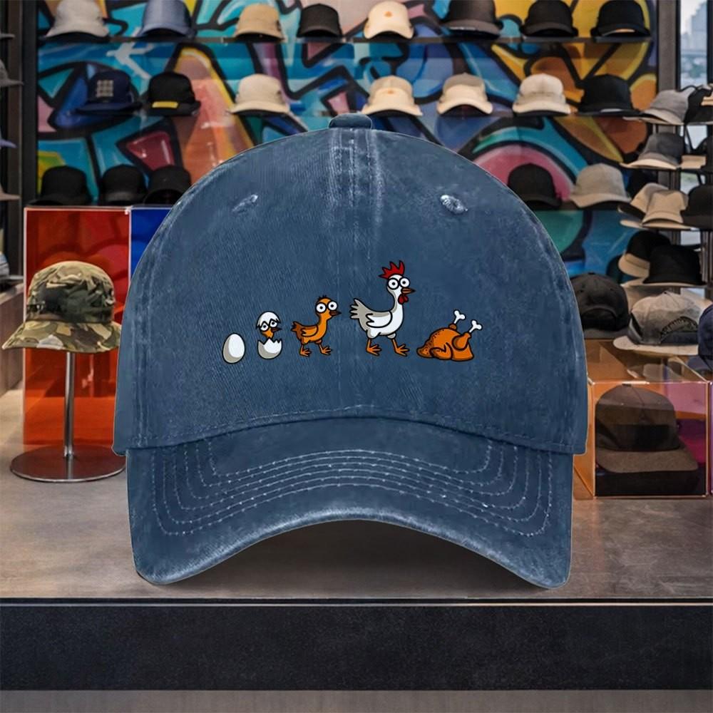 Cartoon Chicken Evolution Baseball Cap Washed Denim Adjustable Outdoor Casual Retro Hat