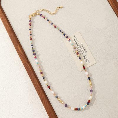 GEMCHIC Women's Natural Stone and Freshwater Pearl Beaded Necklace, Colorful Gemstone Chain with Gold Plating
