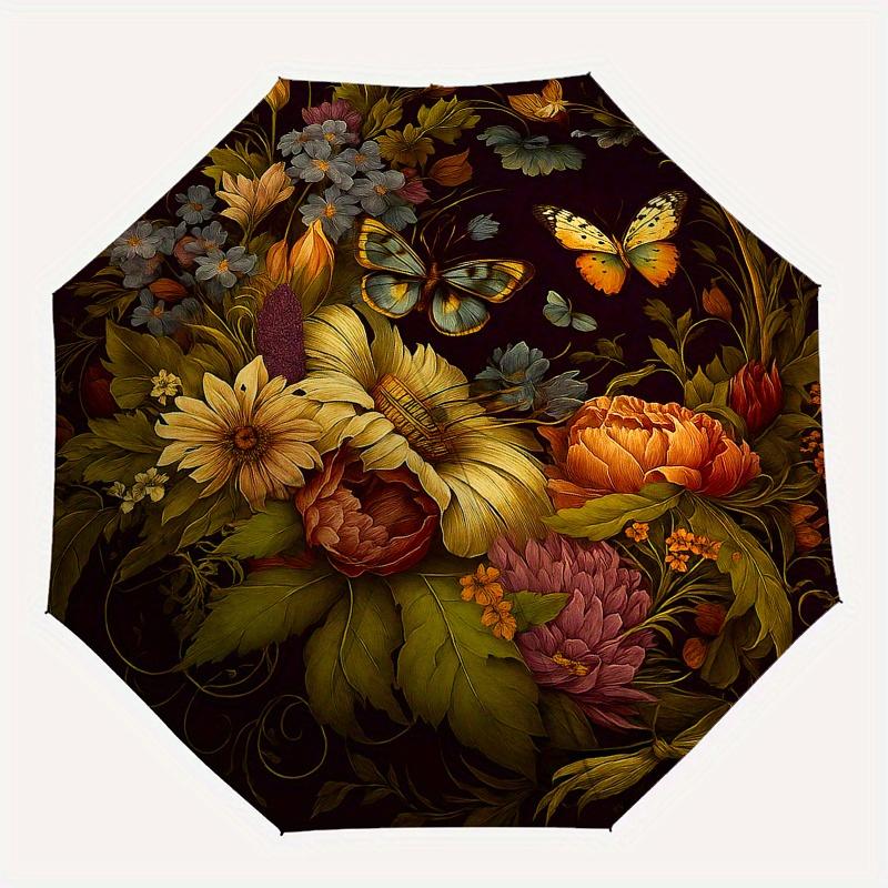 Elegant Floral Butterfly Circular Wall Art DecorUmbrellaPortable 3-Fold Compact Umbrella for Men & Women Gift