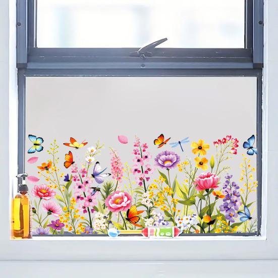 Spring Summer Flower Butterfly Window Cling Colorful Floral Window Sticker Removable Double-Sided Static Decals for Home Office Classroom Decor