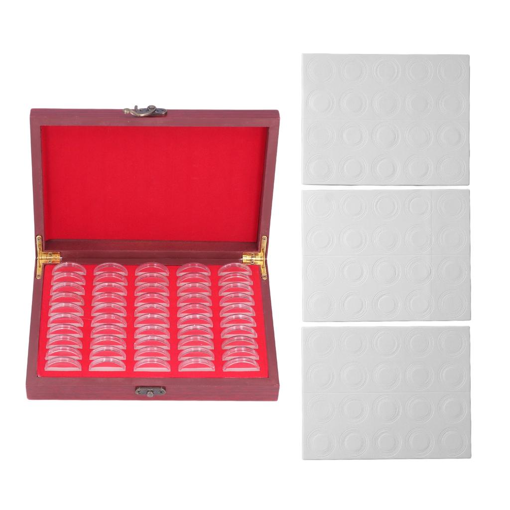 Coin Holder 50 Pieces Storage Vintage Wooden Coin Storage Box with Transparent Protective Case for