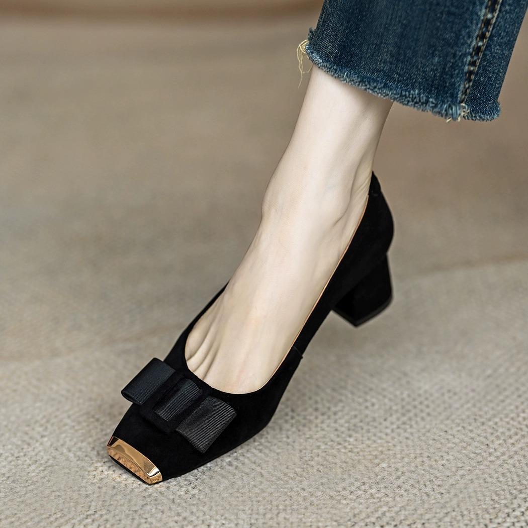 

French retro fashion bow light mouth single shoes women s spring and autumn new square head medium heel thick heel versatile high heel ladyshoes 34