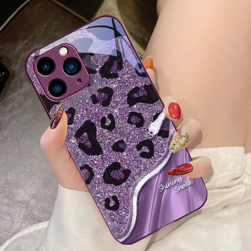 Leopard Sequin Snake For IPhone 16 Pro Max 15 Pro 14 13 12 Mini 11 XS Max XR 7 8 Plu SE 2022 Tempered Glass Phone Case