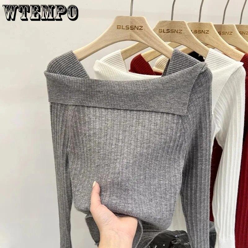 Slash Neck Knitwear Off Shoulder Top Women's Thin Bottomed Shirt Slim Long Sleeve Hotsweet Casual Commuting New Fashion