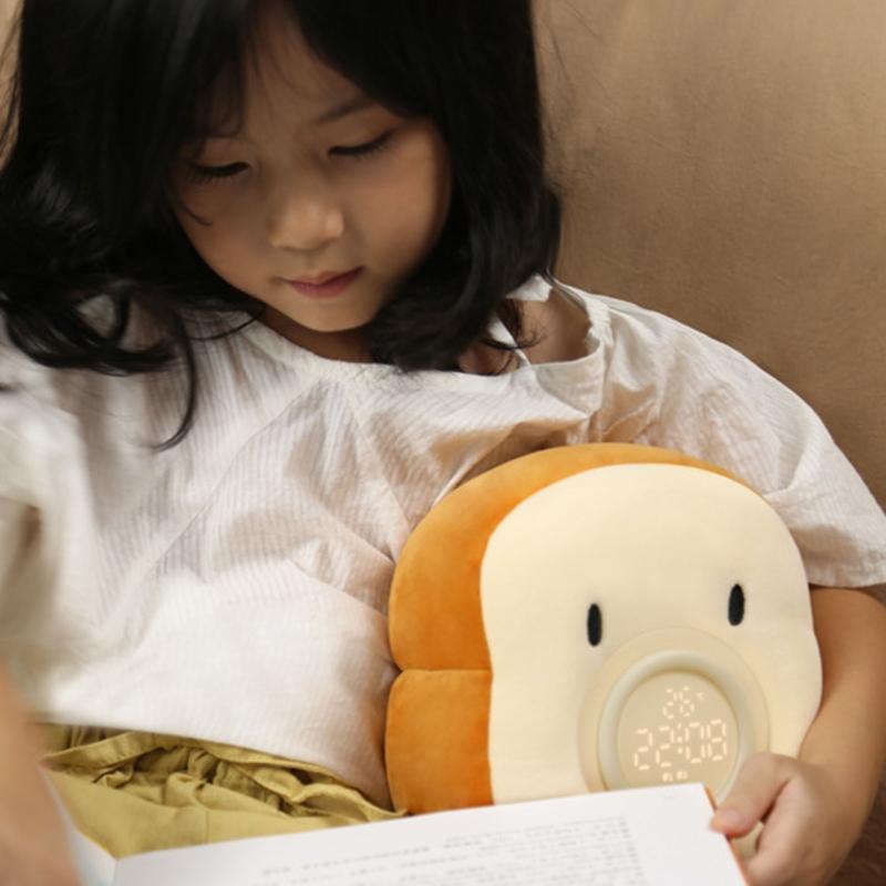LED Digital Cartoon Alarm Clock Bedroom Night Light Bedside Electronic Clock Soft Plush Toast Shape Alarm Clock