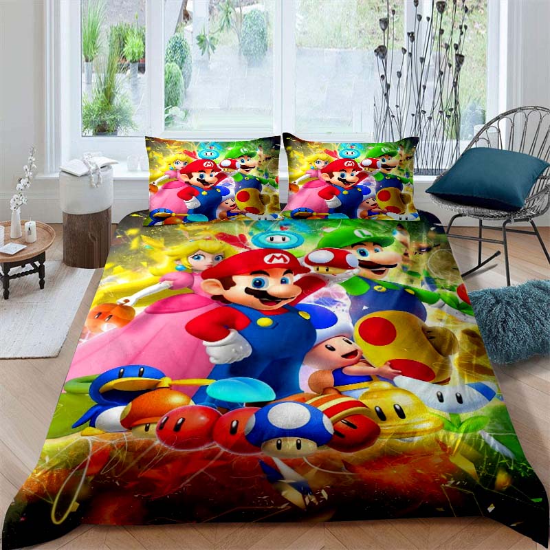 3D printed Super Mario World bedding set, a three-piece set including a printed duvet cover and pillowcases, available in adult