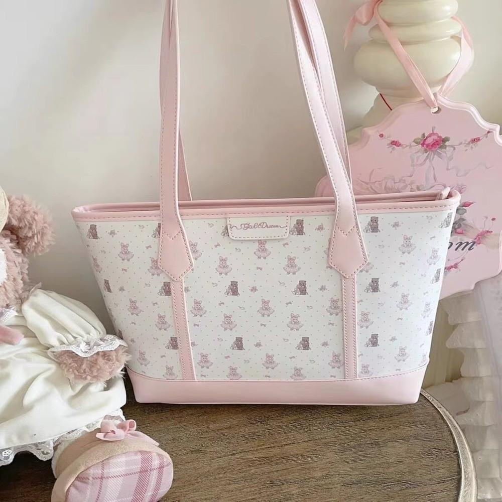 Cartoon Aesthetic Print Handbag Bear Rabbit Print Tote Bag Portable Commuting Bag  College Students
