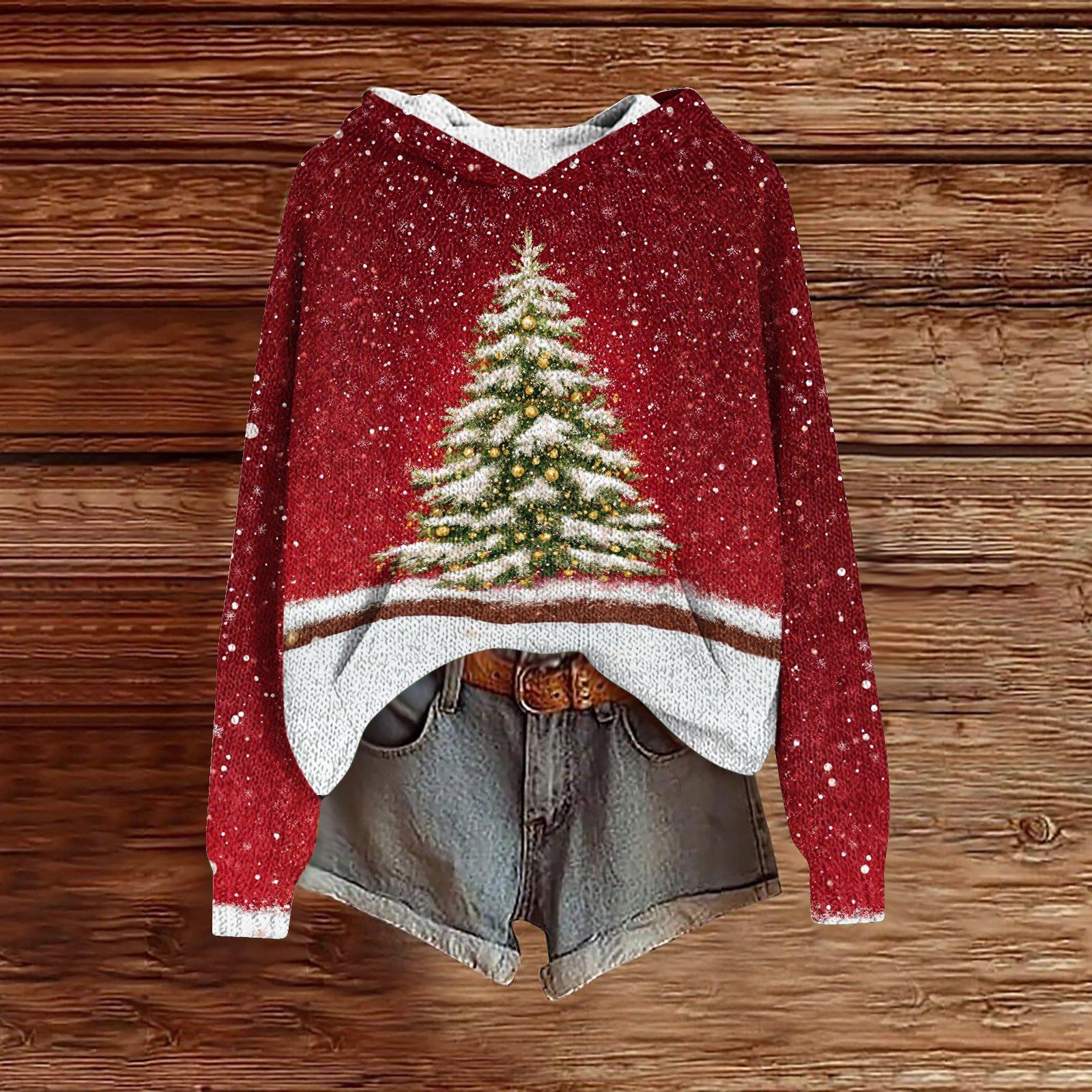 

Women’s Long Sleeve Hooded Pullover Sweatshirt Santa Print Casual Loose Fit Soft Fabric Comfortable Top XL винний