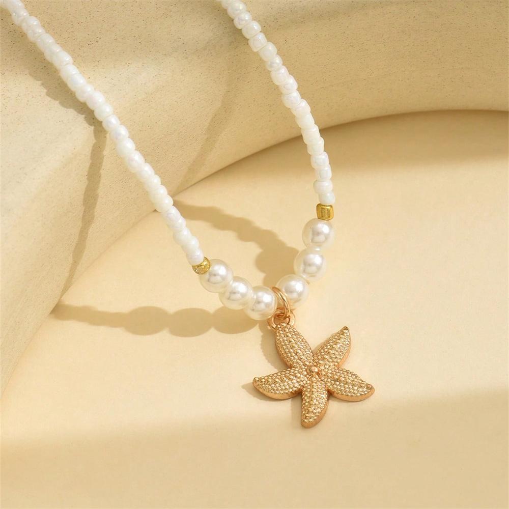 1pc Handmade Starfish Pendant Necklace With Faux Pearl Beads, Ocean Theme Jewelry For Women To Wear Daily