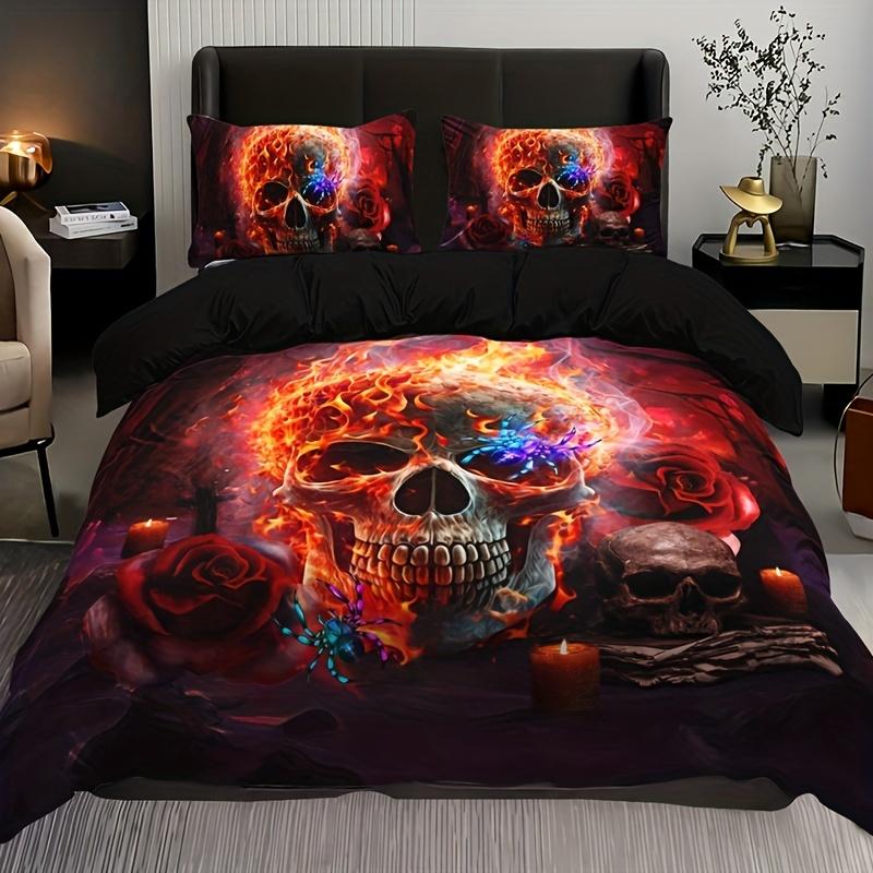 Colorful Rose Skull Flame Duvet Cover Set - Soft and Breathable Bedding for Bedroom, Guest Room, and Dorm Decor With Pillowcases