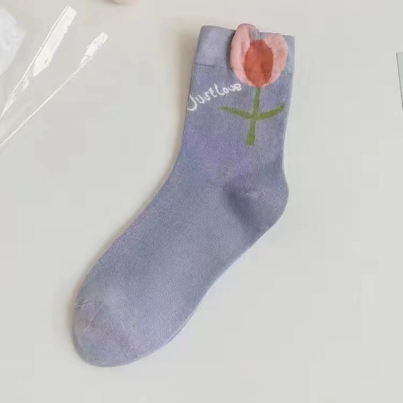 Flower Socks For Women Korean Cotton Cute Socks Style Middle Tube For Girl Breathable Casual Sweet Female Floral Socks
