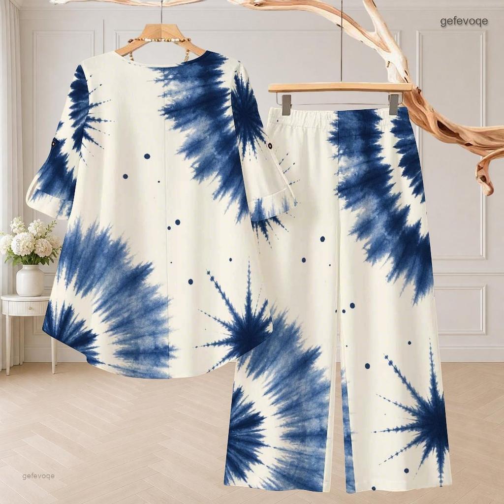 Women Plus Size Blue White Printed Round Neck Half Sleeve High Low Top And Long Pants Two Piece Set