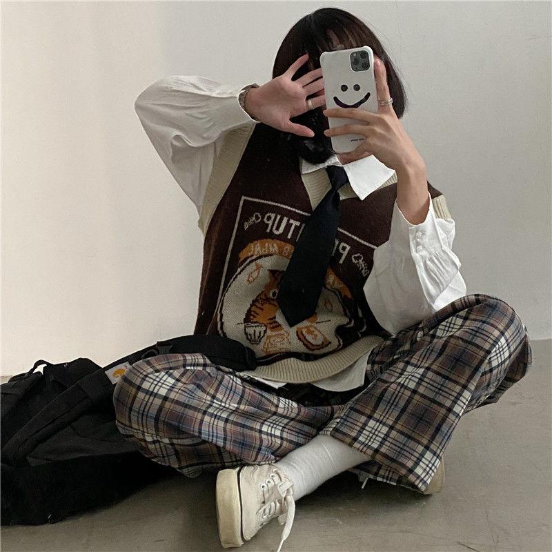 Sweater Vest Women Kawaii Cat Waistcoat Streetwear Knitting Chic Fashion College All-match Harajuku Y2k Vests