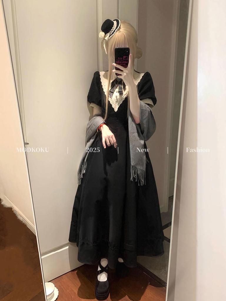 MODKOKU Gothic Lolita Dress, Women's, Detachable Sleeves, Ribbon, Lace Dress, Ruffles, Long, Gothic Lolita Dress, Dreamy Cute, French, Girly Style, Ha