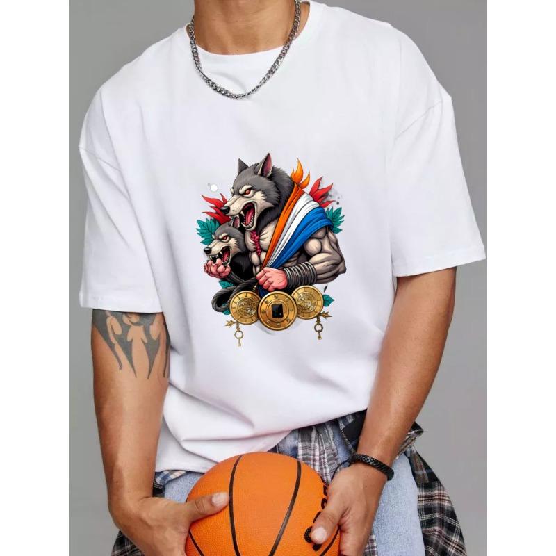 White T Shirt with Wolf and Coins Graphic Design for Casual Wear