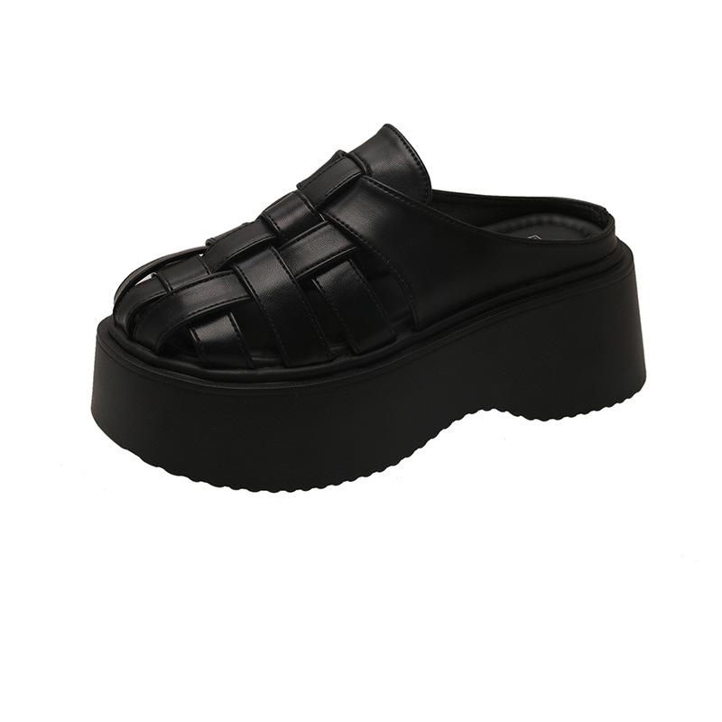 

Fashion European goods heightening woven bag head half slippers women s wear 2025 new small thick-bottomed beach cool slippers 39 чёрный