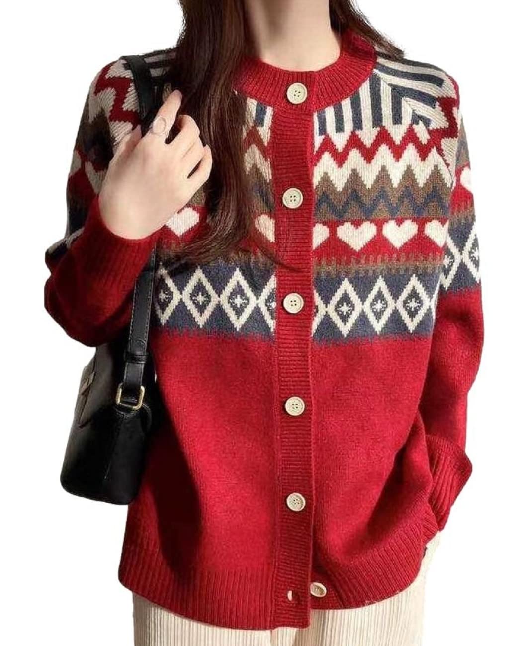 

Cardigan Nordic Pattern Long Sleeve Cover Open Front Tops [1/2plus] [Nibunnoichi Plus] Women s (XL, Red) червоний