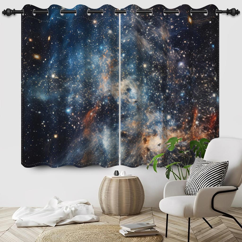 Night Starry Sky Moon Stars Milky Way Blackout Curtains Children'S Bedroom Heat Insulation Noise Reduction Window Drapes 2Pcs