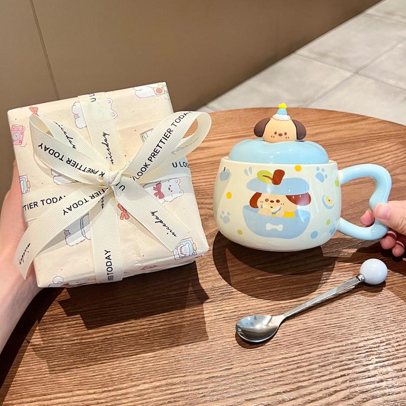 Apple Puppy Water Cup Super Beautiful Rabbit Ceramic Cup with Lid Spoon Couple Mug for Girls' Birthday Gift