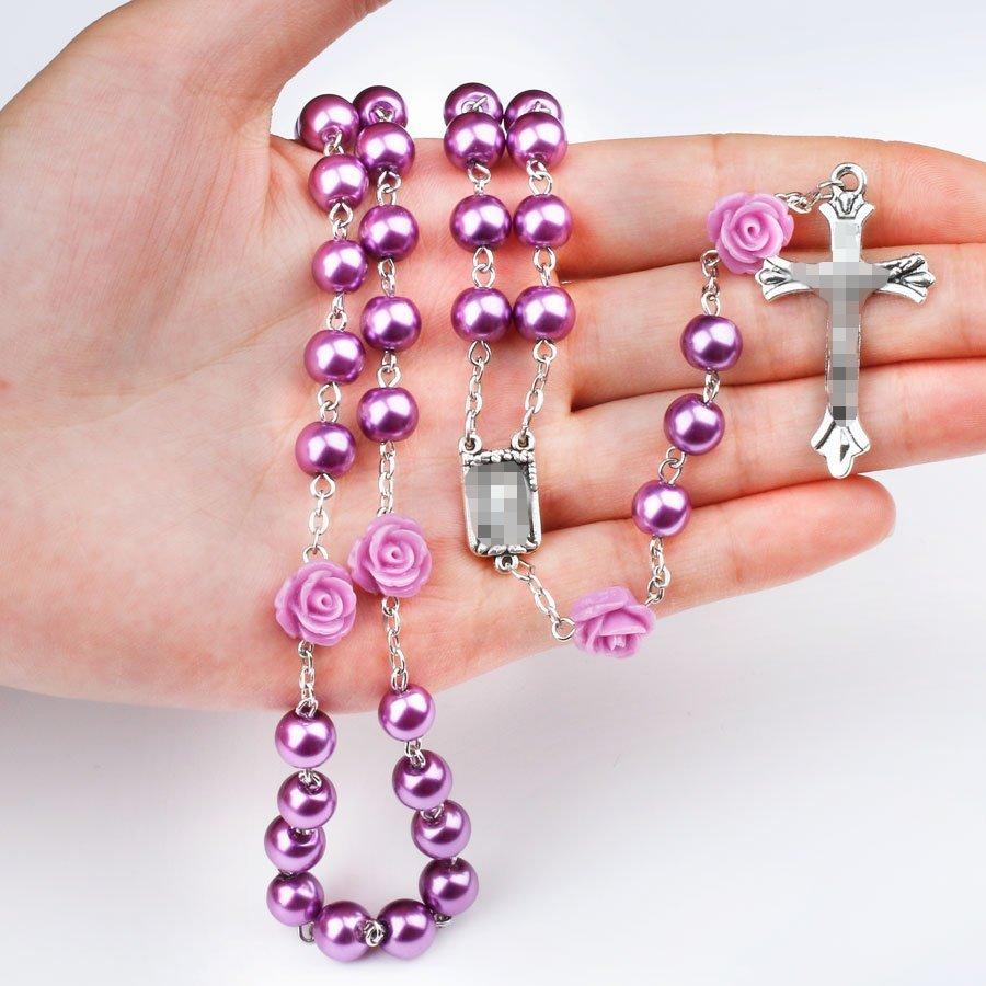 

Charming Purple Color Rosary Necklace Women 8mm Round Glass Beaded Chain Cross Pendant Long Necklaces Praying Zircon Gifts 70cm