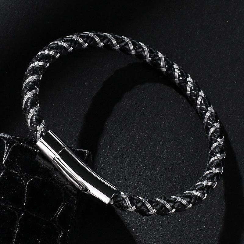2026 Europe, America, Men's Genuine Leather Steel Wire Bracelet Buckle Bracelet