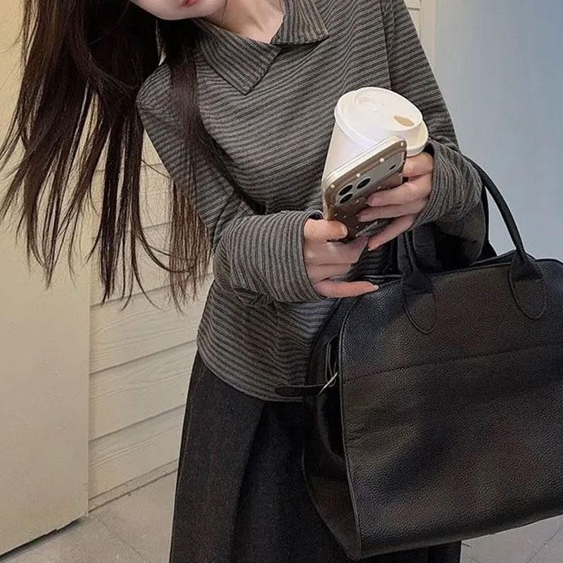 Basic Korean Turn-down Collar T-shirts Autumn Fashion Button Female Clothing Stand Collar Striped Casual Long Sleeve Pullovers
