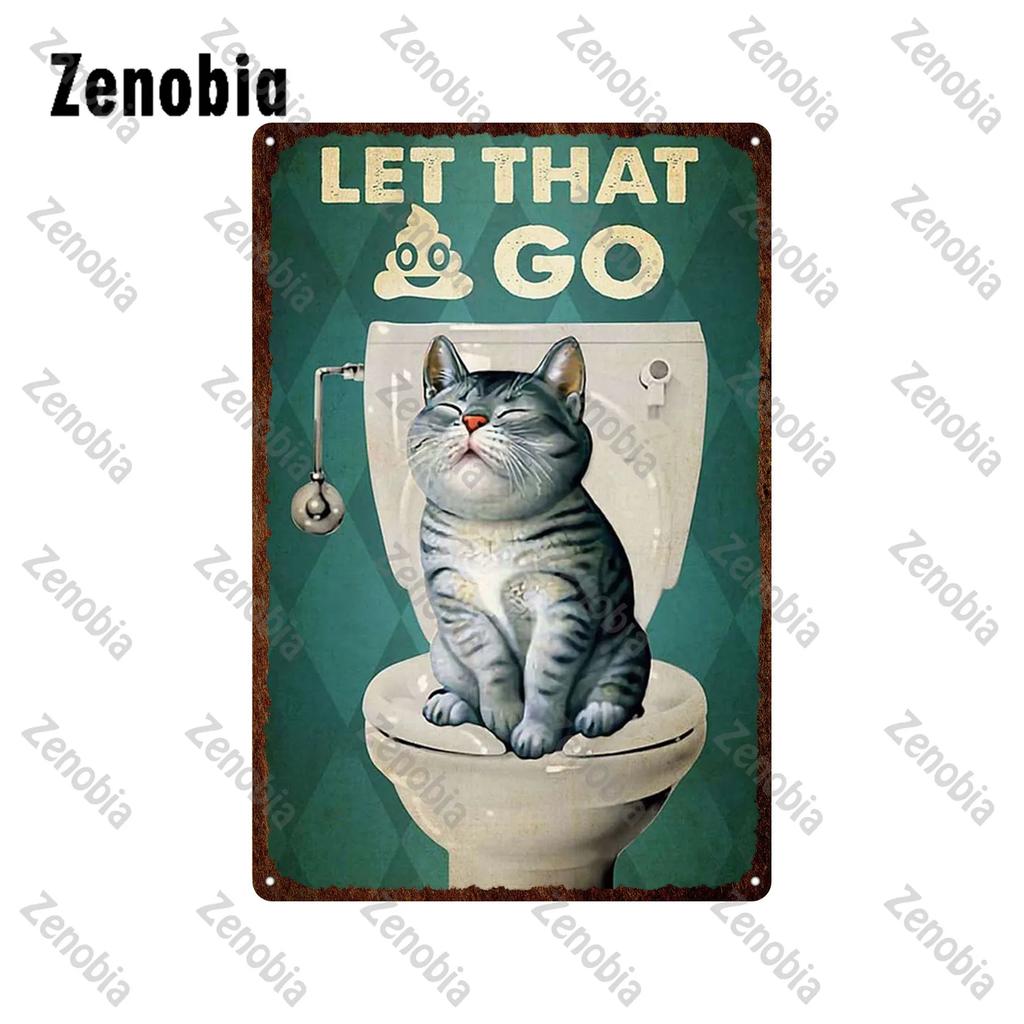 Animal Pet Black Cat Metal Poster Funny Vintage Plaque Metal Signs Tin Signs Cat Sitting On Toilet Tin Plate for Bathroom Decor