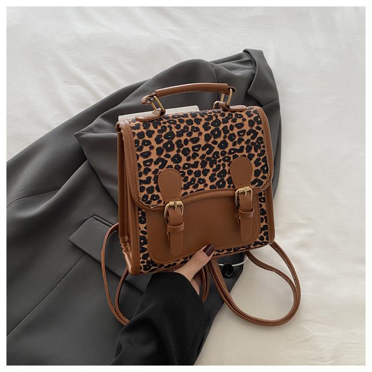 Women Bag College-style Leopard Print Backpack Student Hand-carried Schoolbag Retro Single-shoulder Backpack Coffee Color Simple