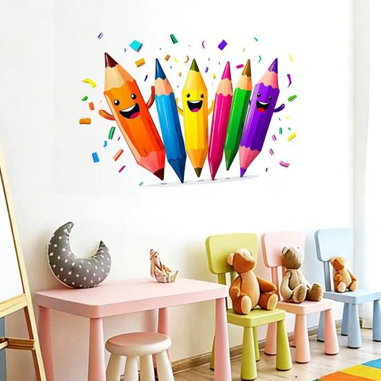 Colorful Pencils Wall Sticker Cartoon Kids Room Wall Decals Peel And Stick Classroom Wall Mural Art for Playroom Nursery Wall