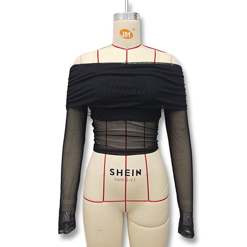 Tooxika Spring And Autumn Women's New Solid Color Slim Fashion One-shoulder Neck Mesh Long-sleeved Top