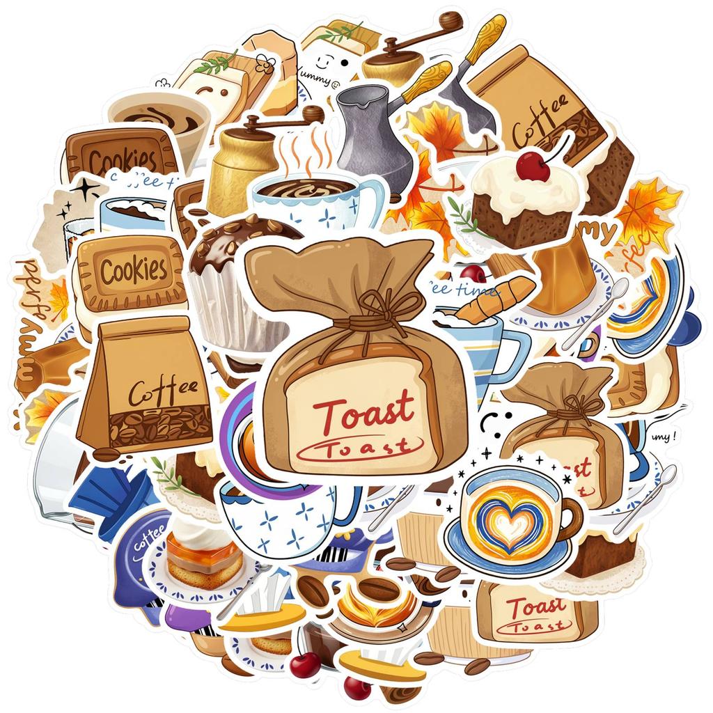 35pcs-50pcs Cute Dessert Stickers Whimsical Kitchen Coffee Stickers Stationery Stickers For Guitar Laptop Helmet Skateboard DIY