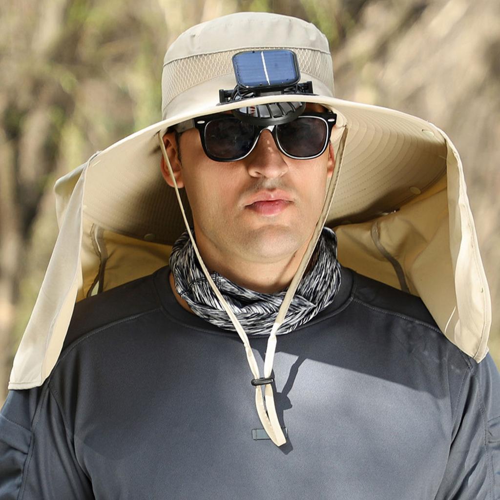 Solar Fan Sun Hat USB Rechargeable   UPF50 Waterproof Wide Brim Fishing Hat with Neck Flap for Beach Garden Outdoor Sports