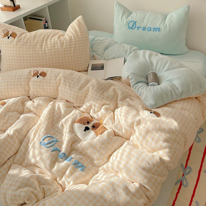 Thickened Milk Fleece Bed Four-Piece Set Fleece Quilt Cover Bed Sheet Coral Flannel Children'S Cartoon Bedding