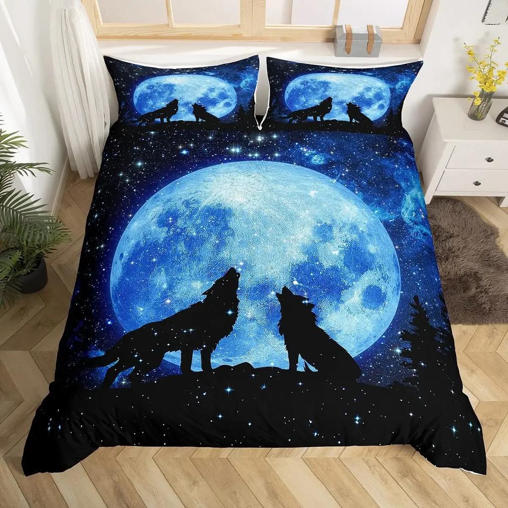 Wild Magical Wolf Bedding Set Wolf Howling 3Pcs Sets For Boys Vintage Oil Paint Wild Animal Single/Twin/Queen/King Size