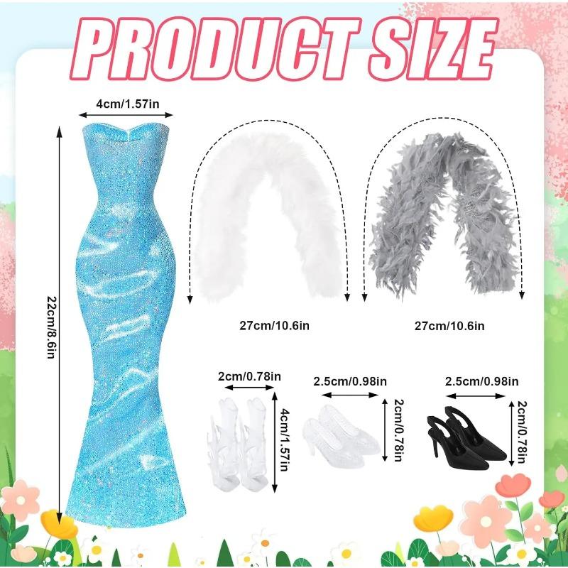 3 Sets 30cm Girl Doll Clothes Girls Doll Accessories Mermaids Evening Gown Dress Fur Shawl Shoes Outfit Doll Clothing(NO DOLL)
