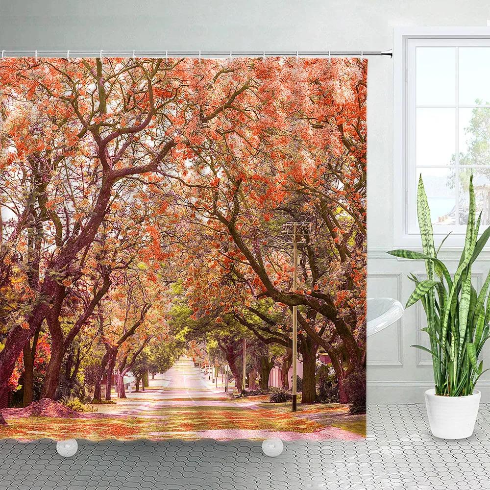 Autumn Forest Landscape Shower Curtain Maple Trees Road Plants Fallen Leaves Rural Scenery Wall Hanging Bathroom Decor Curtain
