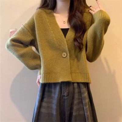 New Early Autumn Short Knitted Cardigan Loose Inner Top Long Sleeve V-Neck Sweater Jacket Women's