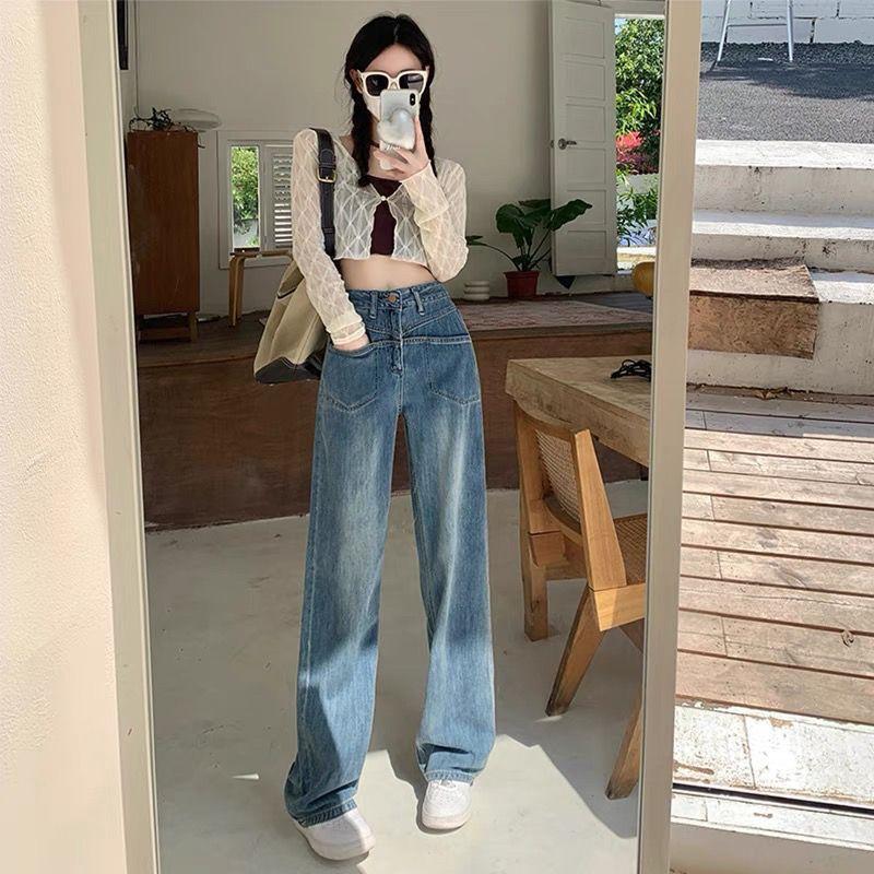 Spring and summer retro jeans women's loose and thin design sense high waist straight wide leg pants ins tide