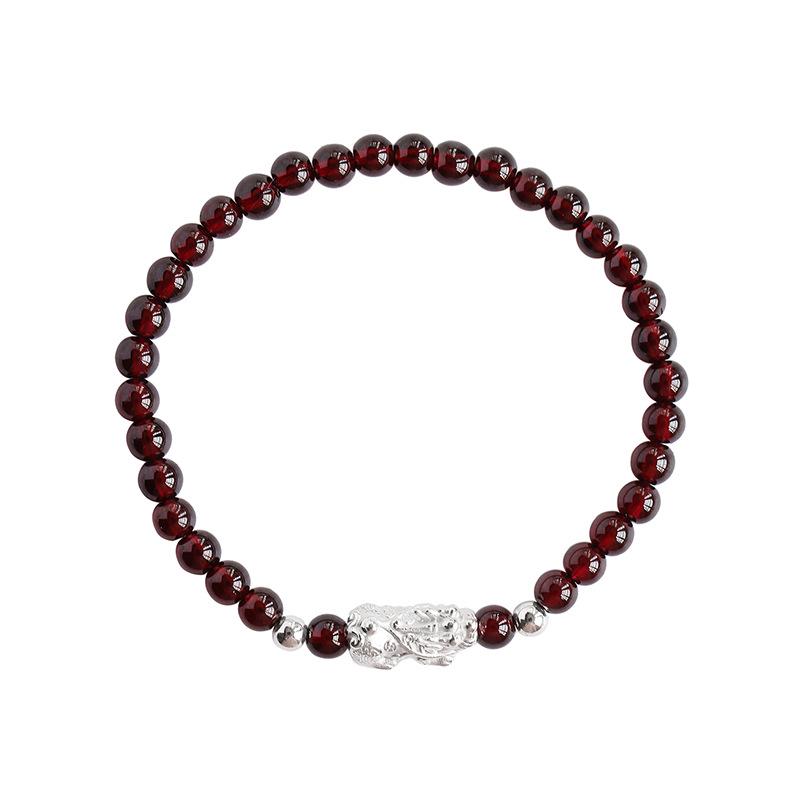 Natural Wine Red Garnet Silver Pixiu Beaded Bracelet for Women