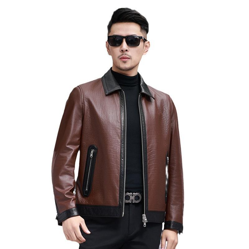 Autumn and Winter New Men's Leather Jackets, Fashionable High-end Crocodile Pattern Lapels, First-layer Cowhide Contrasting Color Jackets