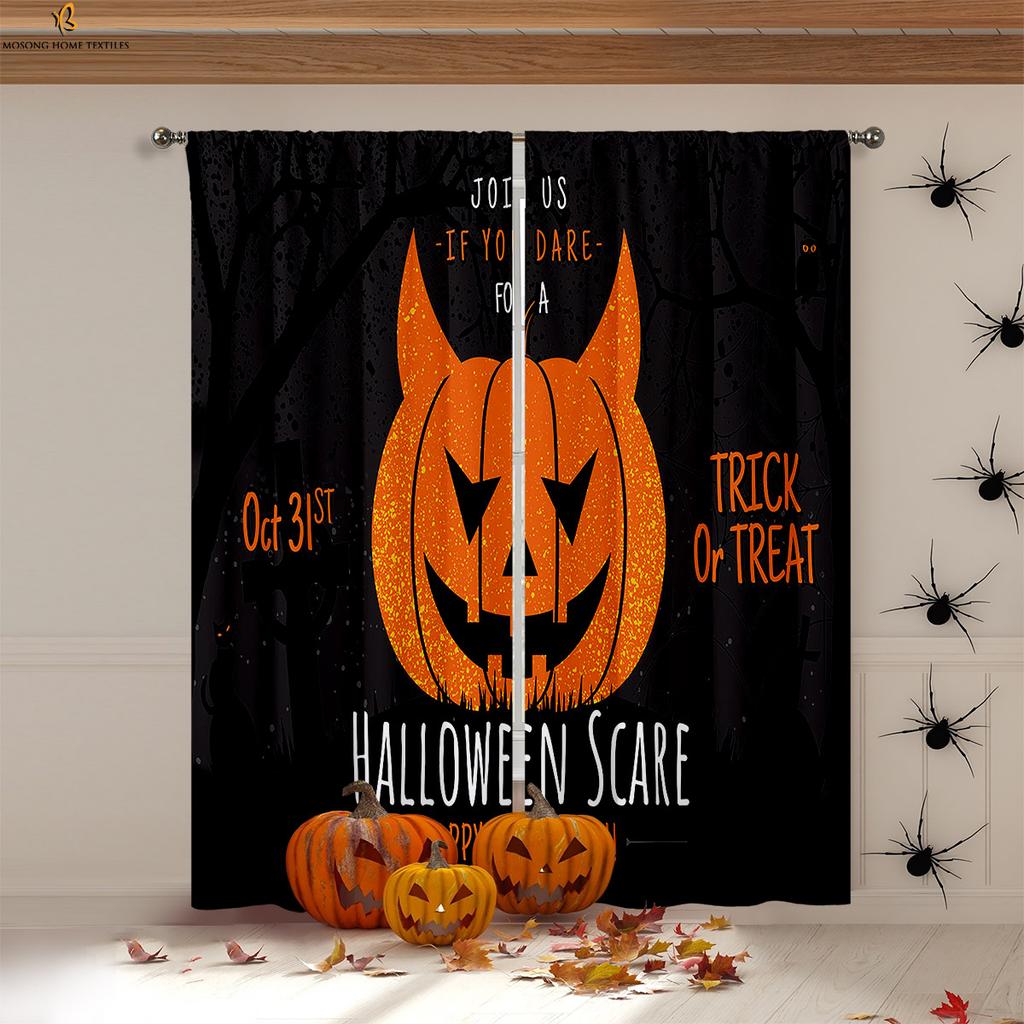 Halloween Decoration Curtains Horror Pumpkin Ghost Print Curtains High Quality Heat Insulation Blackout Curtains 2 Pieces