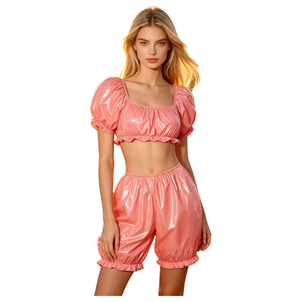 Womens Waterproof Vinyl Ruffled Pajamas Set Short Puff Sleeve Crop Top Bloomers Shorts