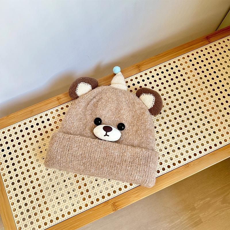 

Autumn and Winter Children s Hats Cute Bear Wool Knitted Hat Double Layer Warm and Cold-proof Ear Protection Hat Pullover Woolen Hat one size